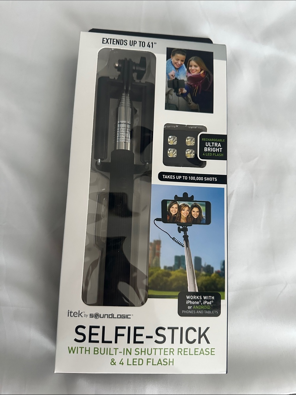 Selfie-Stick with Built-In Shutter Release & 4-LED Flash - Black